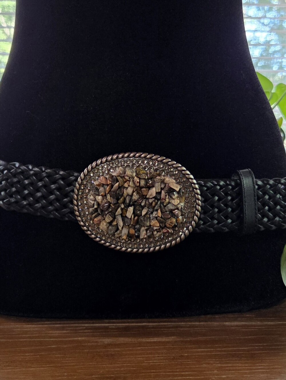 Woven Black Belt with Large Rhinestone & Agate Buckle Size S